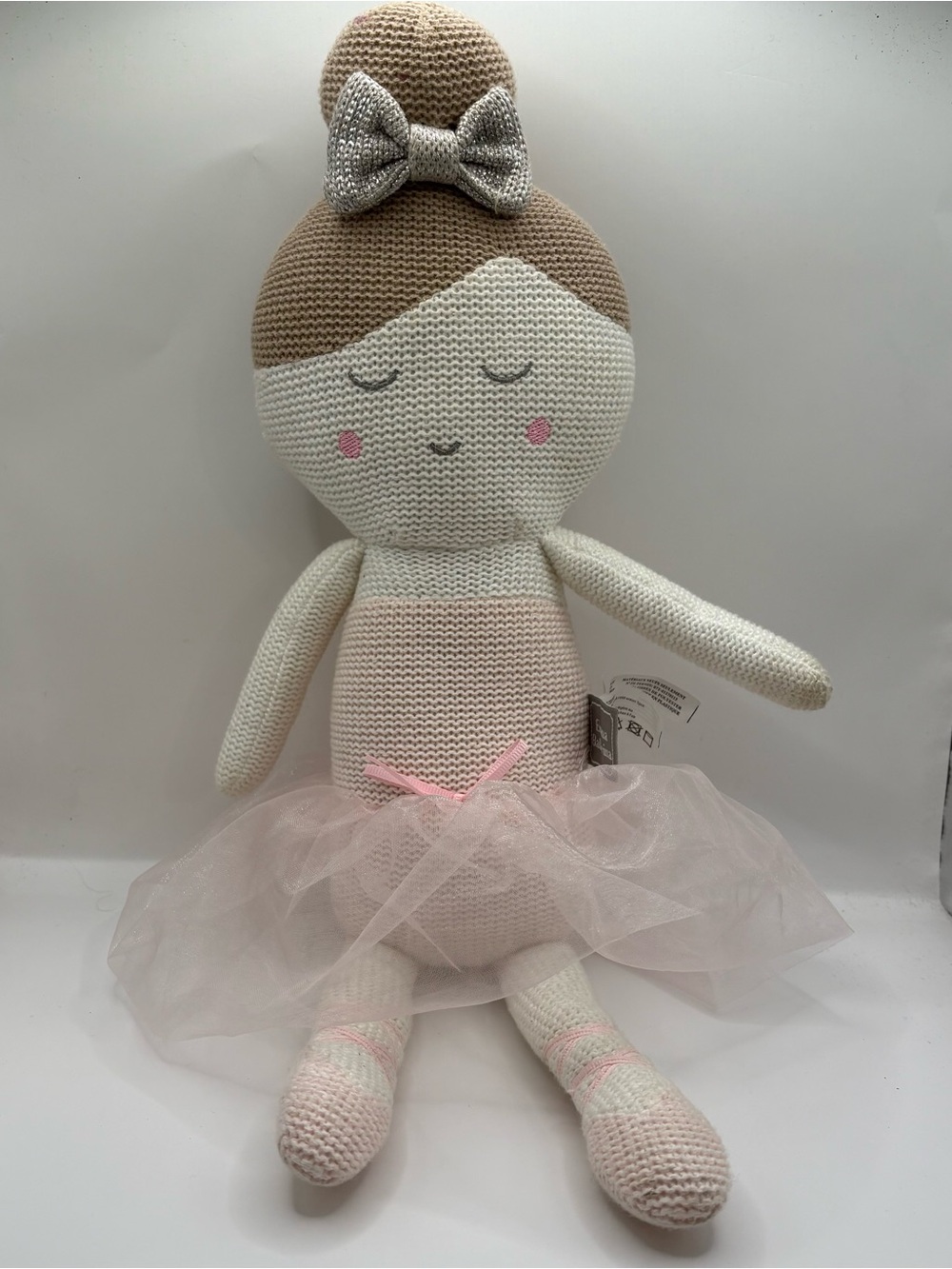 Knit Ballerina Doll in Pink and Cream with Silver Bow